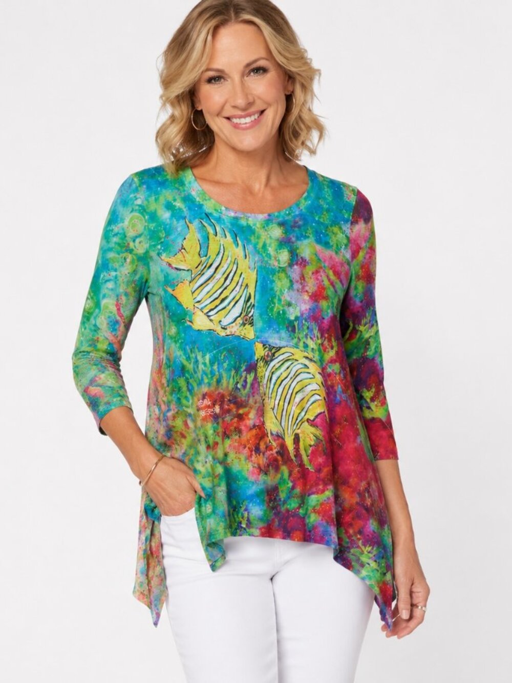 Leoma Lovegrove Tunic Top L Tropical Fish Art Colorful Beach Resort Casual
